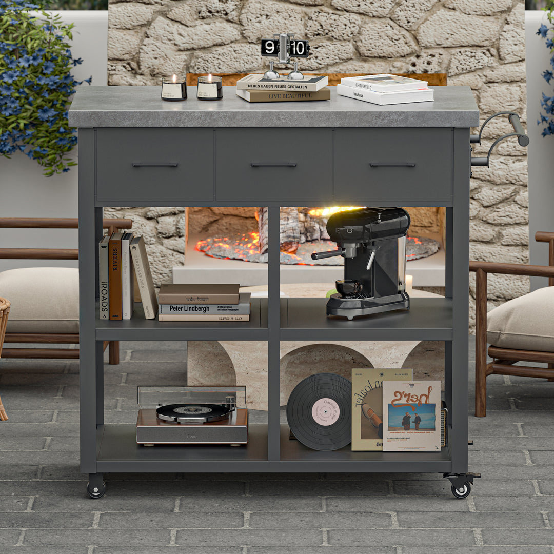 Modern Shade Outdoor Grill Cart with 150LBS Marble Countertop & 3-Drawers - 39 In W Heavy Duty Grill Table for Outside, Locking Casters, Waterproof Blackstone Table, Kitchen/Patio BBQ Cart