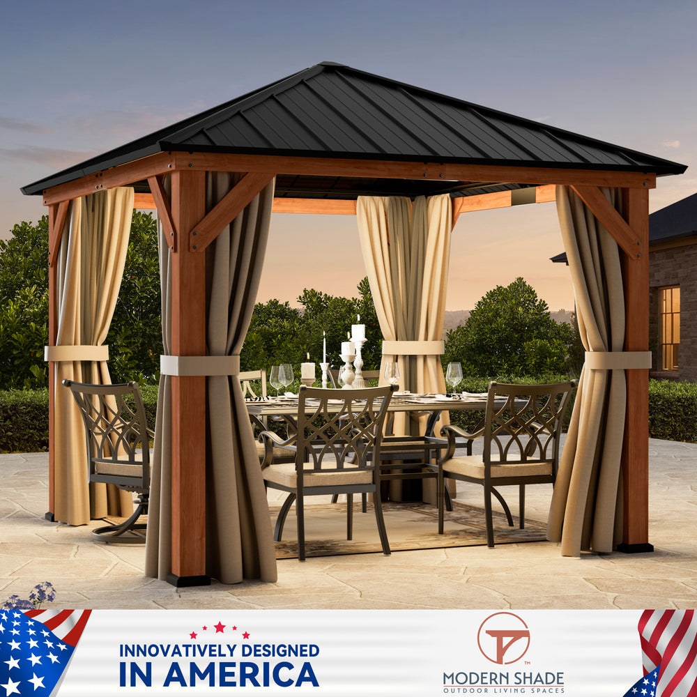 Modern Shade Tranquil Grove Wood Gazebo 10' x 10', Permanent Hardtop Gazebo with Galvanized Steel and Polycarbonate Hip Roof Hardtop, Mosquito Netting and Curtains，Cedar Framed Wooden Gazebo for Garden, Backyard