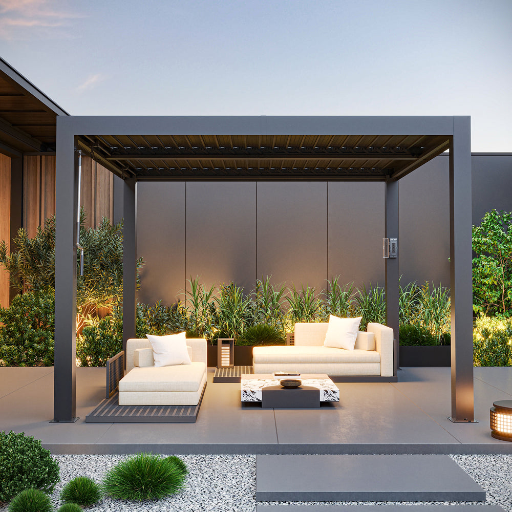 Modern Shade Louvered Pergola 10'x10' with  USB Charging Port Deck, Outdoor Pergola with Adjustable Waterproof Roof & Integrated Drainage, Reinforced Frame for Patio Deck Garden, Easy Assembly, Black