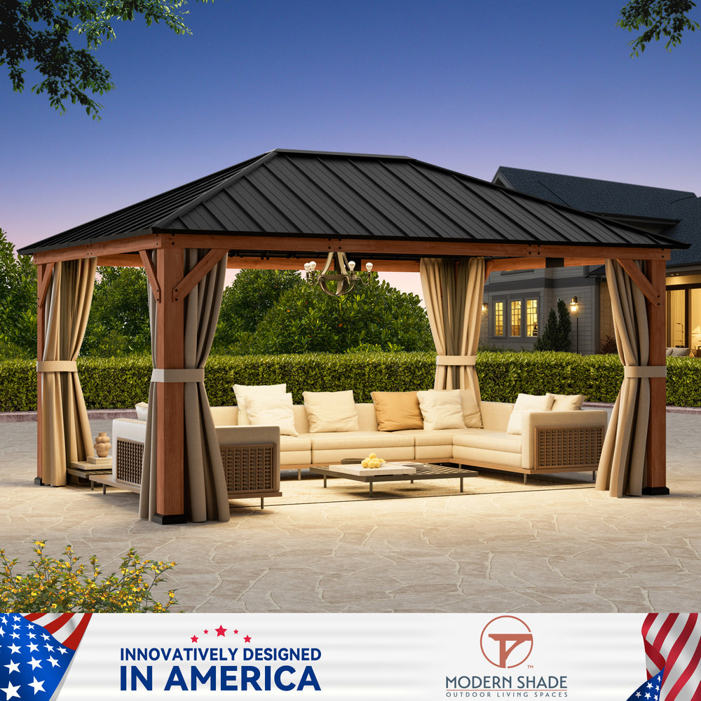 Modern Shade Tranquil Grove Cedar Wood Gazebo 12' x 16', Hardtop Gazebo with Galvanized Steel Roof, Mosquito Netting and Curtains, Permanent Hardtop Pavilion with Sturdy Hooks for Garden, Backyard