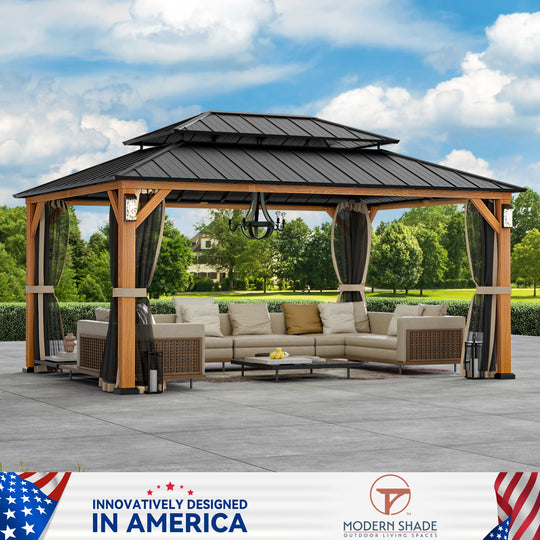 Modern Shade Horizon Permanent Hardtop Gazebo 12' x 16' with 4 LED Lights Outdoor Gazebo with Galvanized Steel Double Roof Wood-Looking