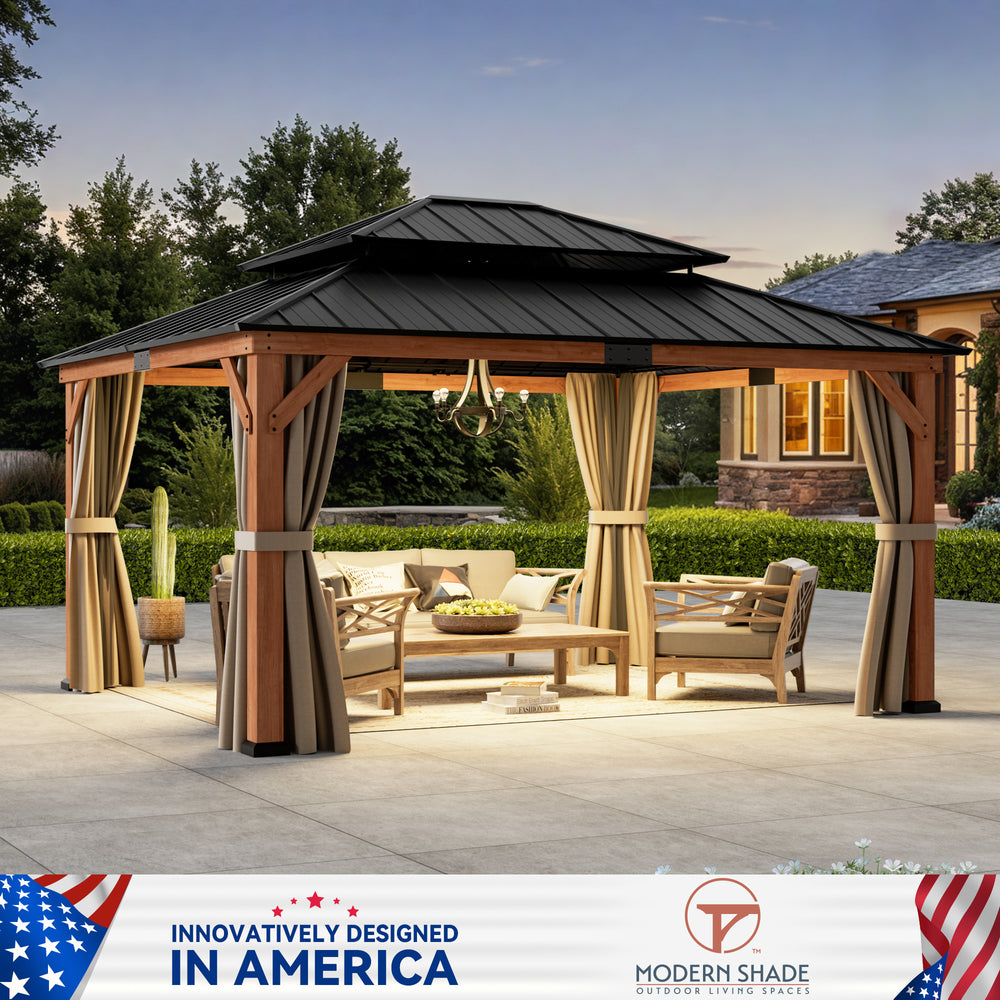 Modern Shade Rosewood Wood Gazebo 13' x 15', Cedar Framed Wooden Gazebo with Double Galvanized Steel Roof, Mosquito Netting and Curtains，Permanent Hardtop Wood Grill Gazebo with Sturdy Hooks for Garden, Backyard, Patio, and Deck