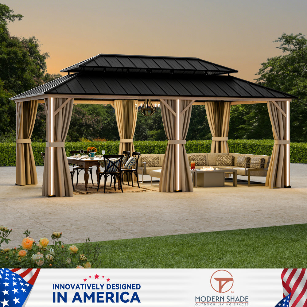 Modern Shade Hardtop Gazebo 12' x 20' with 6 LED Lights, Outdoor Gazebo with Galvanized Steel Double Roof，Pavilion with USB Charging Port Deck, Netting and Curtains for Patios, Wood-Looking