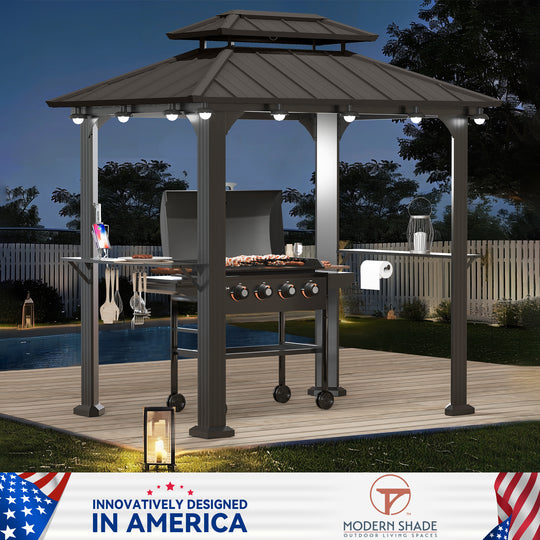 Modern Shade BBQ Gazebo 6' X 8' Black Aluminum with Shelves and Ceiling Hook