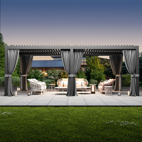 Modern Shade Louvered Pergola 10'x20' with  USB Charging Port Deck, Extra Large Outdoor Pergola with Netting and Curtains, Integrated Drainage, Reinforced Frame for Patio Deck Garden, Easy Assembly, Black