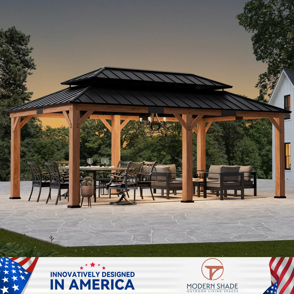 Modern Shade Rosewood Wood Gazebo 12' x 20', Cedar Framed Wooden Gazebo with Double Galvanized Steel Roof, Permanent Hardtop Wood Gazebo with Sturdy Hooks for Garden, Backyard, Patio, and Deck