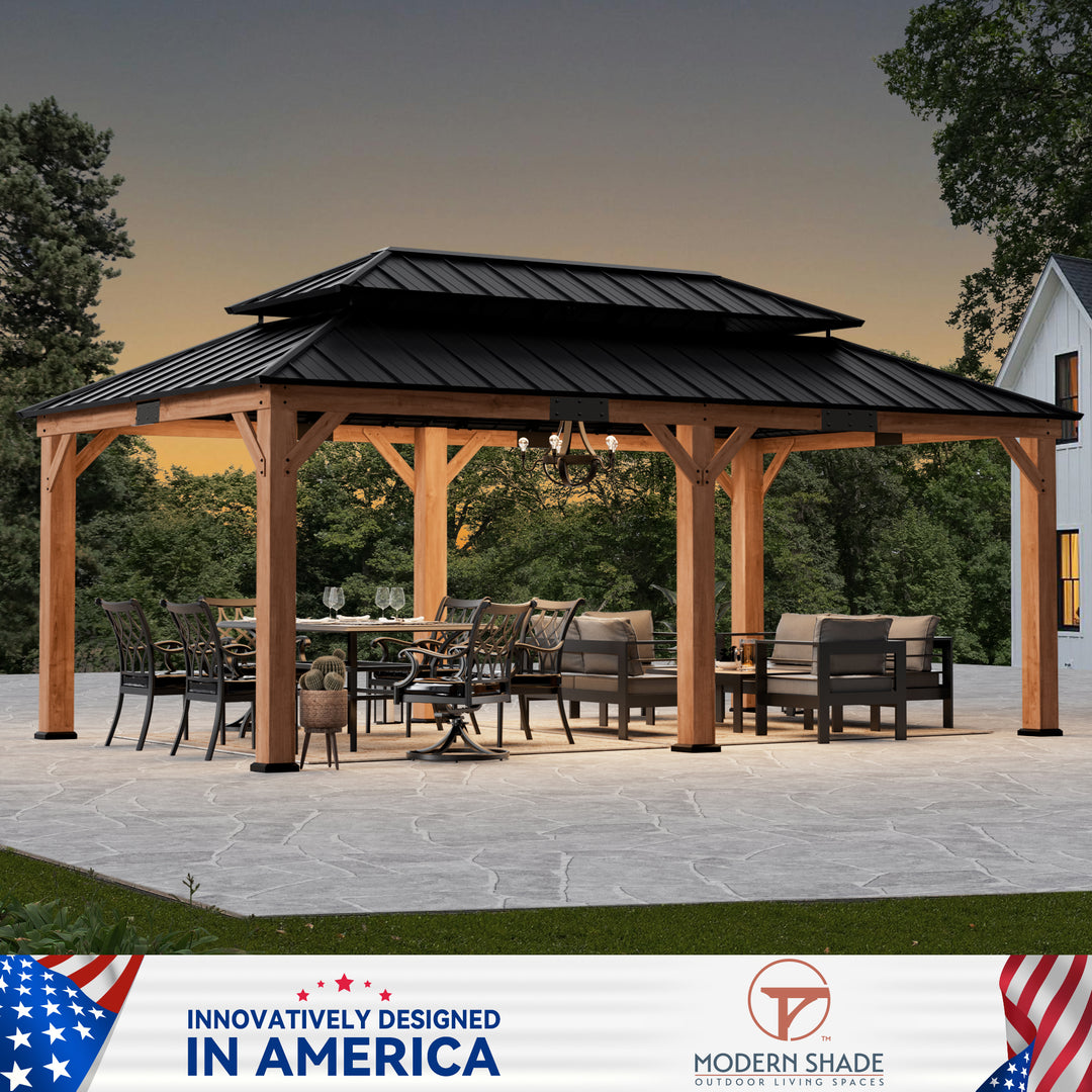 Modern Shade Rosewood Wood Gazebo 12' x 20', Cedar Framed Wooden Gazebo with Double Galvanized Steel Roof, Permanent Hardtop Wood Gazebo with Sturdy Hooks for Garden, Backyard, Patio, and Deck