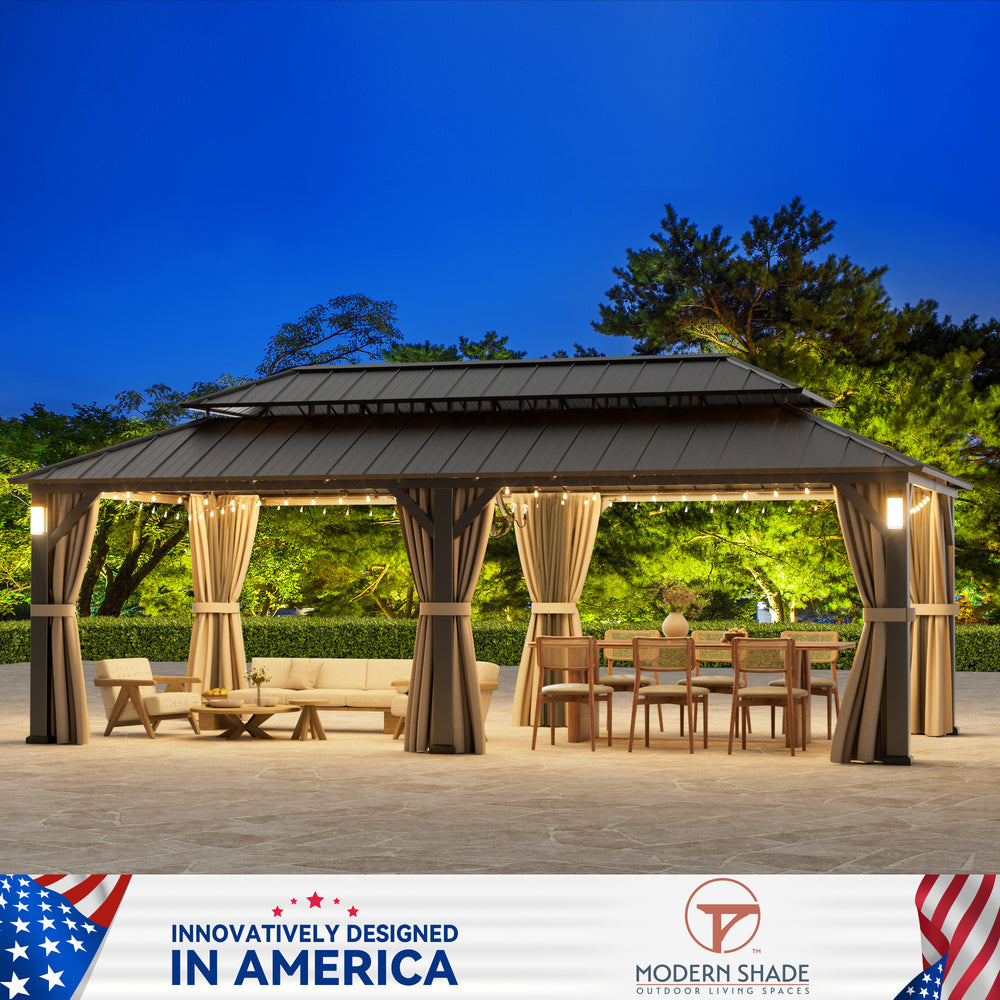 Modern Shade The Horizon Permanent Hardtop Gazebo 12' x 24' with 4 LED Lights, Outdoor Gazebo w/Galvanized Steel Double Roof, Patio Pavilion w/Decor Hooks, Mosquito Nettings, Black