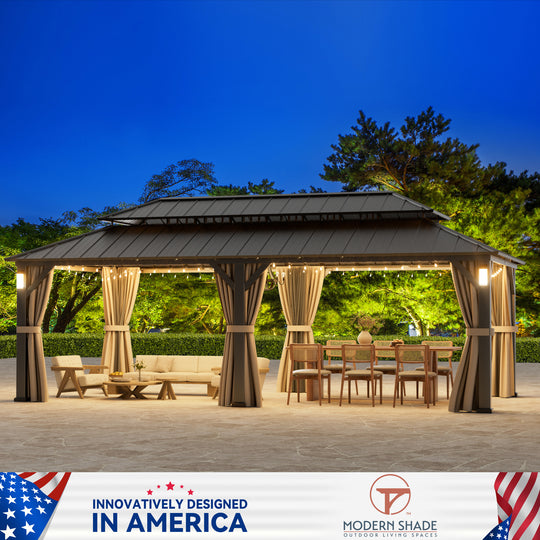Modern Shade The Horizon Permanent Hardtop Gazebo 12' x 24' with 4 LED Lights, Outdoor Gazebo w/Galvanized Steel Double Roof, Patio Pavilion w/Decor Hooks, Mosquito Nettings, Black