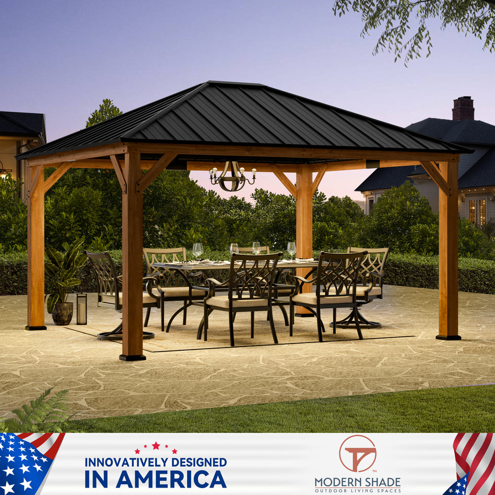 Modern Shade Tranquil Grove Wood Gazebo 12' x 14', Permanent Hardtop Gazebo with Galvanized Steel and Polycarbonate Hip Roof Hardtop, Cedar Framed Wooden Gazebo for Garden, Backyard