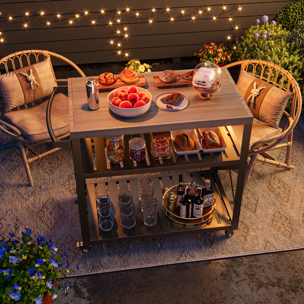 Modern Shade Grill Cart for Outdoor Use - Heavy Duty Grill Table with Locking Brake Casters, 360° Wheels, Waterproof Wood Grain Countertop, 75 lbs Capacity | Movable Grill Tables for Outside, Easy to Clean & Blackstone Table Compatible