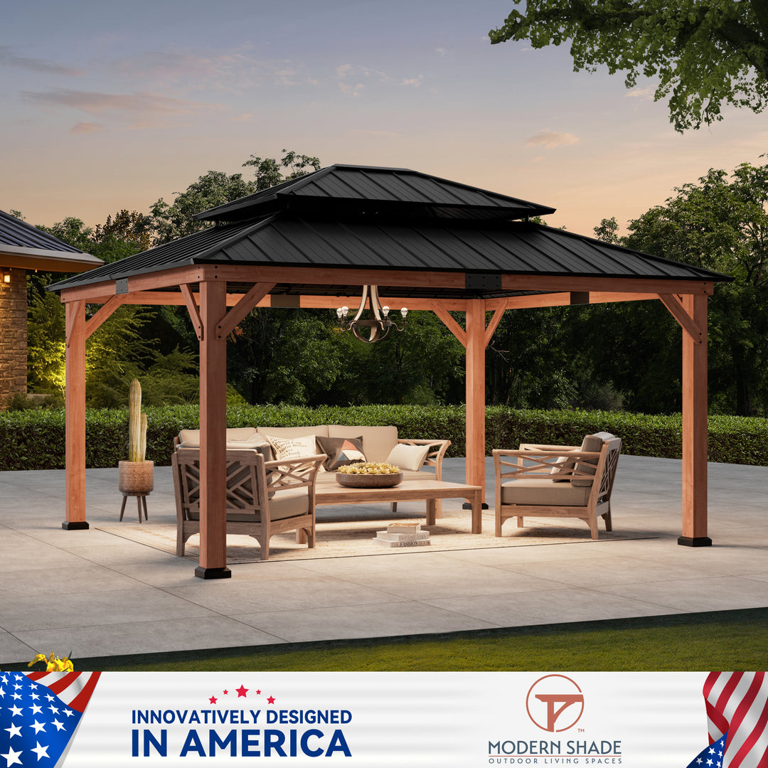 Modern Shade Rosewood Wood Gazebo 13' x 15', Cedar Framed Wooden Gazebo with Double Galvanized Steel Roof, Permanent Hardtop Wood Gazebo with Sturdy Hooks for Garden, Backyard, Patio, and Deck