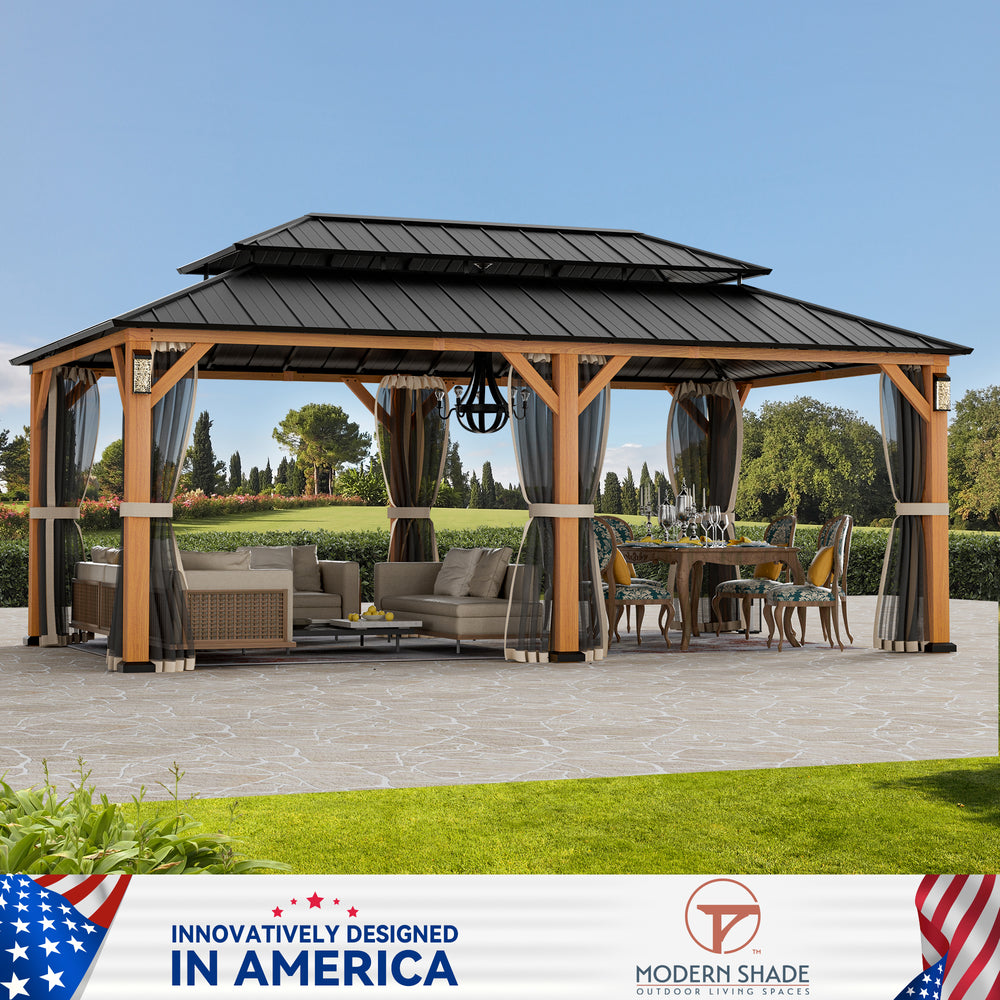 Modern Shade Horizon Permanent Hardtop Gazebo 12' x 20' with 4 LED Lights Patio Gazebo with Decor Hooks Mosquito Nettings Wood-Looking