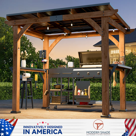 Modern Shade Cedar Wood Grill Gazebo 6' X 8' Patio Gazebo with Galvanized Steel Roof USB and USB-C Charging Ports