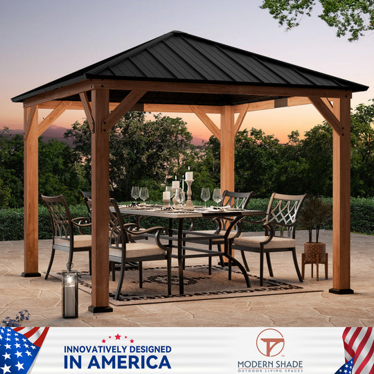 Modern Shade Tranquil Grove Wood Gazebo 10' x 10', Permanent Hardtop Gazebo with Galvanized Steel and Polycarbonate Hip Roof Hardtop, Cedar Framed Wooden Gazebo for Garden, Backyard