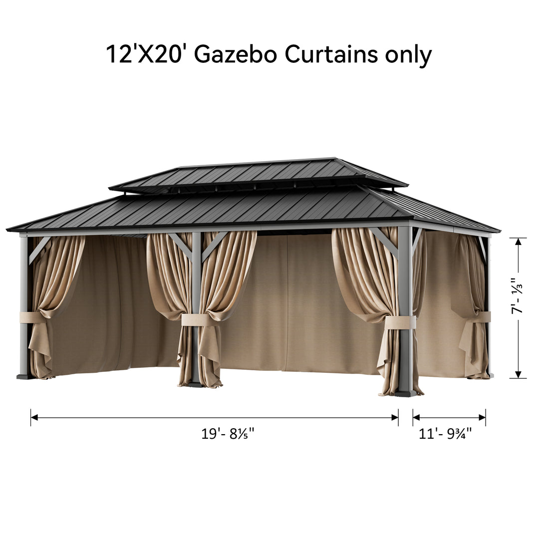 (Curtain Only)Gazebo Curtain Replacement Universal 4-Panel Sidewalls 12' x 20' Khaki, Outdoor Gazebo Privacy Curtains with Zipper Patio Canopy Garden and Backyard Various Sizes(Not compatible with wood gazebos)