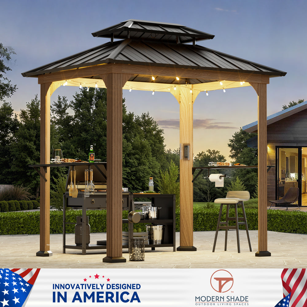 Modern Shade Grill Gazebo 6' X 8' Aluminum with Shelves Ceiling Hook and Galvanized Steel Roof for Wood Look Design