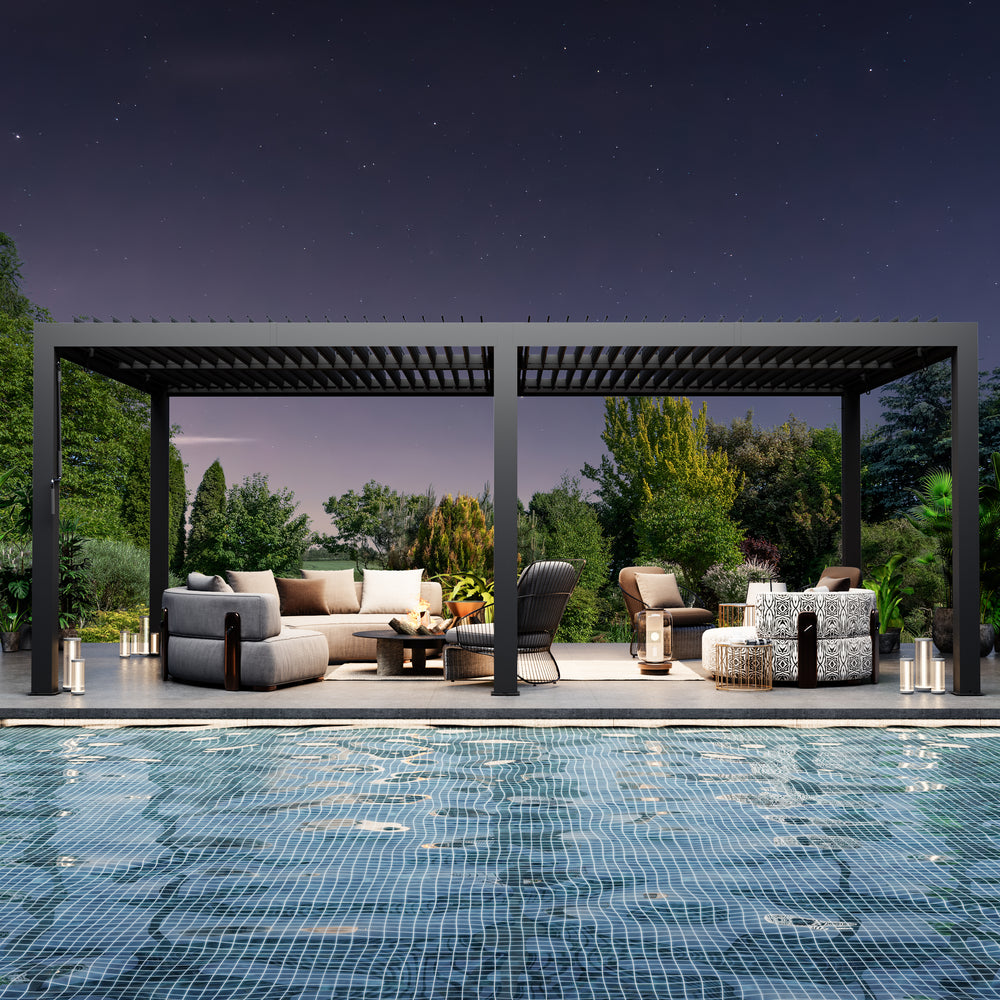 Modern Shade Louvered Pergola 10'x20' with  USB Charging Port Deck, Extra Large Outdoor Pergola with Adjustable Waterproof Roof & Integrated Drainage, Reinforced Frame for Patio Deck Garden, Easy Assembly, Black