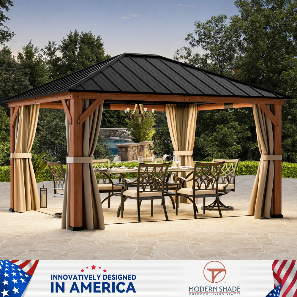Modern Shade Tranquil Grove Cedar Wood Gazebo 12' x 14', Grill Gazebo with Galvanized Steel Roof, Mosquito Netting and Curtains, Permanent Hardtop Pavilion with Sturdy Hooks for Garden, Backyard