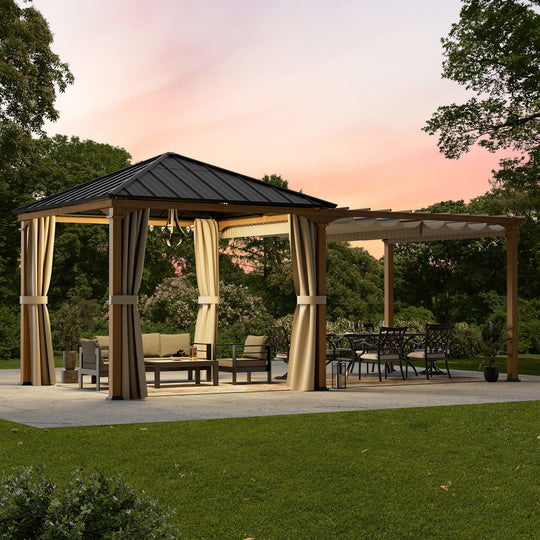 Modern Shade Sunrise Coast 10'x20' Pavilion Pergola Hybrid Gazebo with Adjustable Shade Fabric, Hardtop Roof with Privacy Curtains, Outdoor Hot Tub Pavilion for Patio or Garden,  Wood-Looking