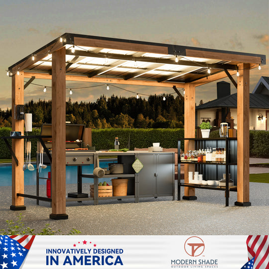 Modern Shade Woodberry Grill Gazebo 6' X 12' Cedar Wood Gazebo with dual bar tops & Shelves Patio Gazebo with USB and USB-C Charging Ports