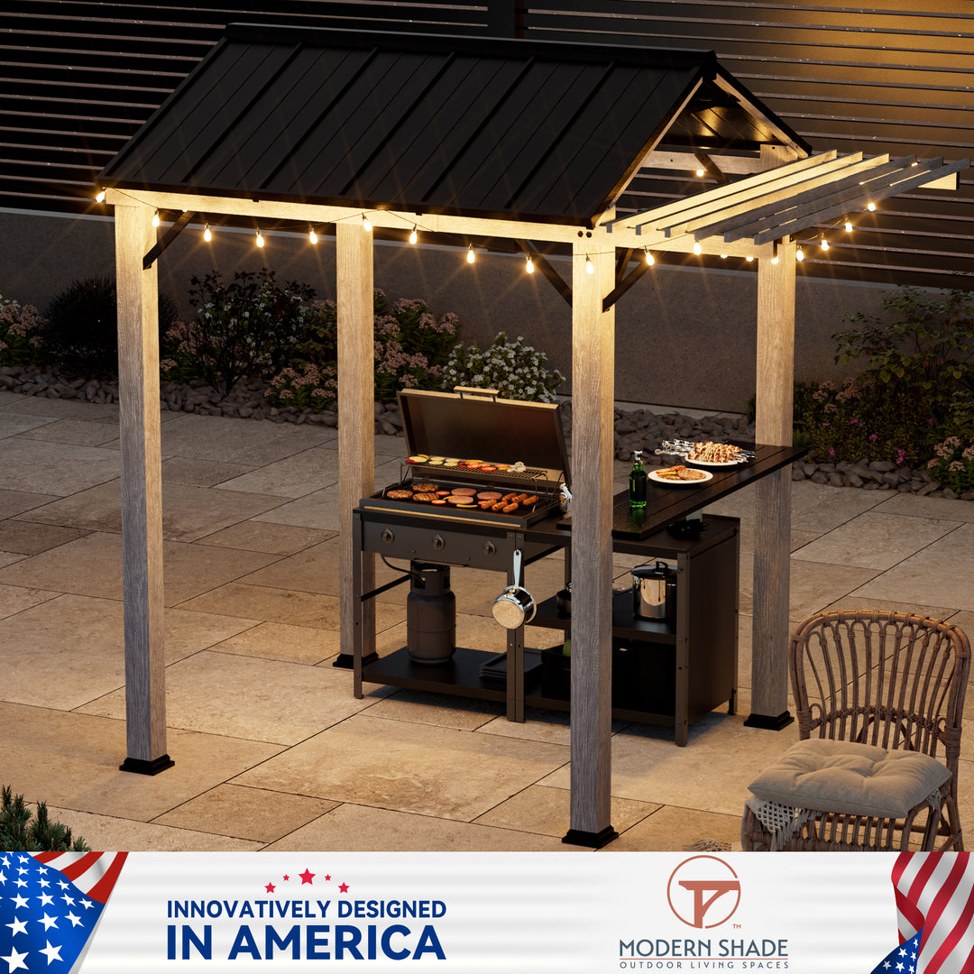 Modern Shade Nottingham Grill Gazebo 6' x 8' with Galvanized Steel Roof and Extended Eave, Outdoor Gazebo with UV Blocking & Waterproof Design, Rust-Resistant, 4-Season Use with Storage Cabinet for Patio