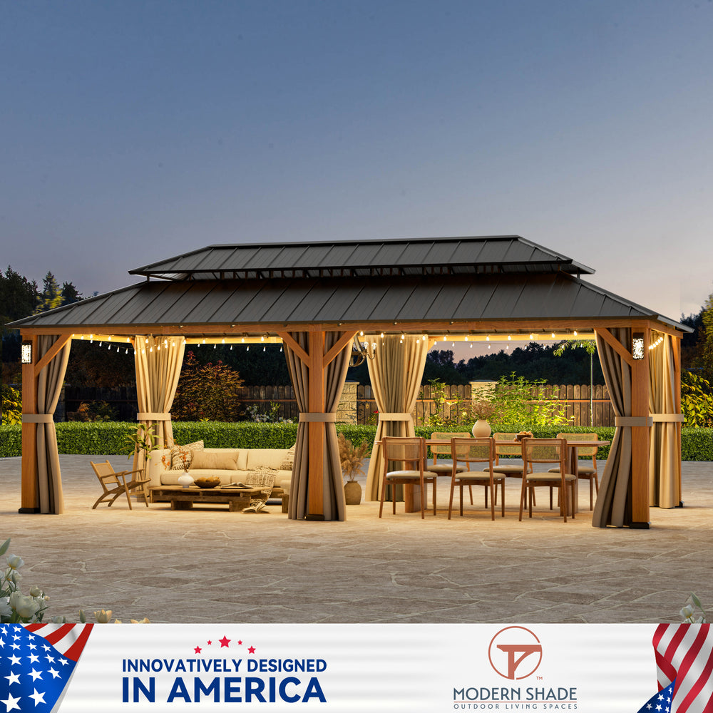 Modern Shade The Horizon Permanent Hardtop Gazebo 12' x 24' with 4 LED Lights, Outdoor Gazebo w/Galvanized Steel Double Roof, Patio Pavilion w/Decor Hooks, Mosquito Nettings, Wood-Looking