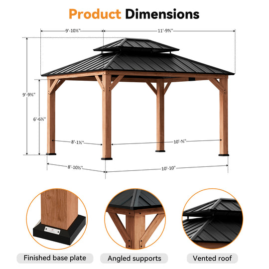 Modern Shade Rosewood Wood Gazebo 10' x 12', Cedar Framed Grill Gazebo with Double Galvanized Steel Roof, Permanent Hardtop Pavilion with Sturdy Hooks for Garden, Backyard, Patio, and Deck