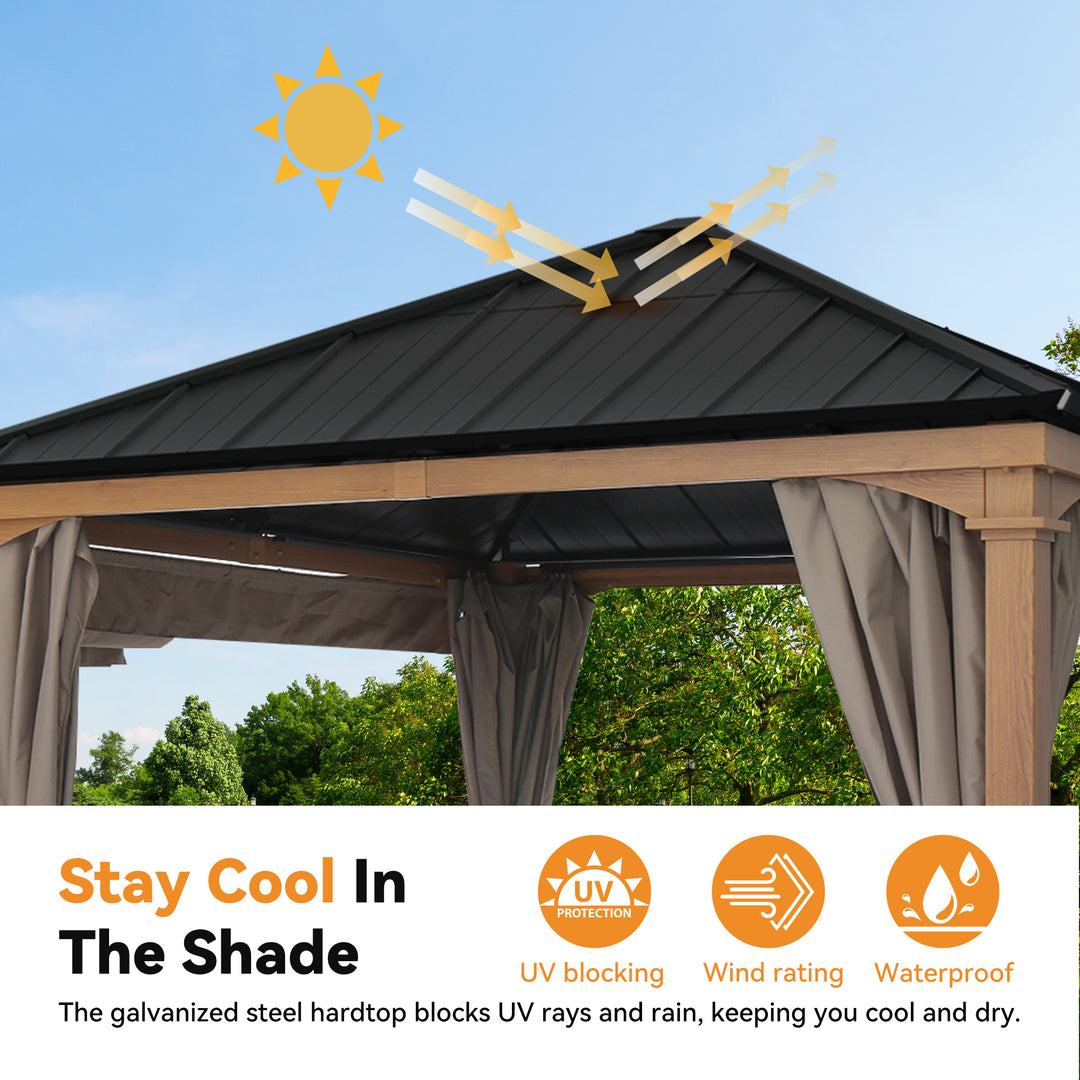 Modern Shade Sunrise Coast 10'x20' Pavilion Pergola Hybrid Gazebo with Adjustable Shade Fabric, Hardtop Roof with Privacy Curtains, Outdoor Hot Tub Pavilion for Patio or Garden,  Wood-Looking