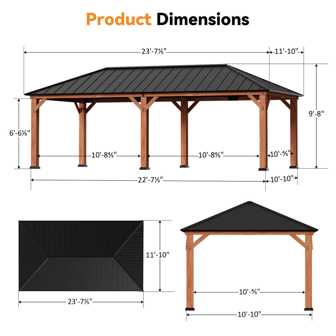 Modern Shade Tranquil Grove Cedar Wood Gazebo 12' x 24', Grill Gazebo with Galvanized Steel Roof, Mosquito Netting and Curtains, Permanent Hardtop Pavilion with Sturdy Hooks for Garden, Backyard