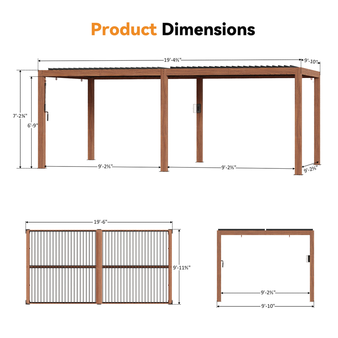Modern Shade Louvered Pergola 10'x20' with  USB Charging Port Deck, Extra Large Outdoor Pergola with Netting and Curtains, Integrated Drainage, Reinforced Frame for Patio Deck Garden, Easy Assembly, Wood Grain