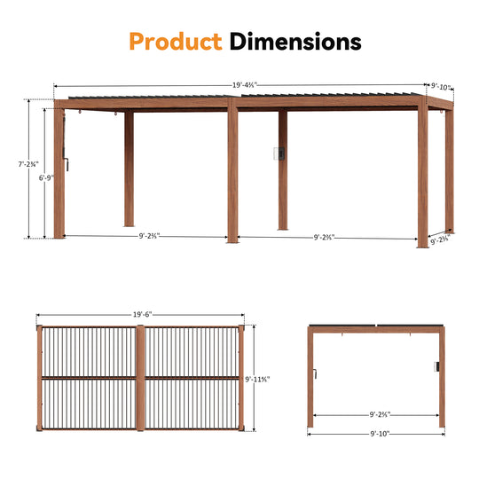 Modern Shade Louvered Pergola 10'x20' with  USB Charging Port Deck, Extra Large Outdoor Pergola with Netting and Curtains, Integrated Drainage, Reinforced Frame for Patio Deck Garden, Easy Assembly, Wood Grain