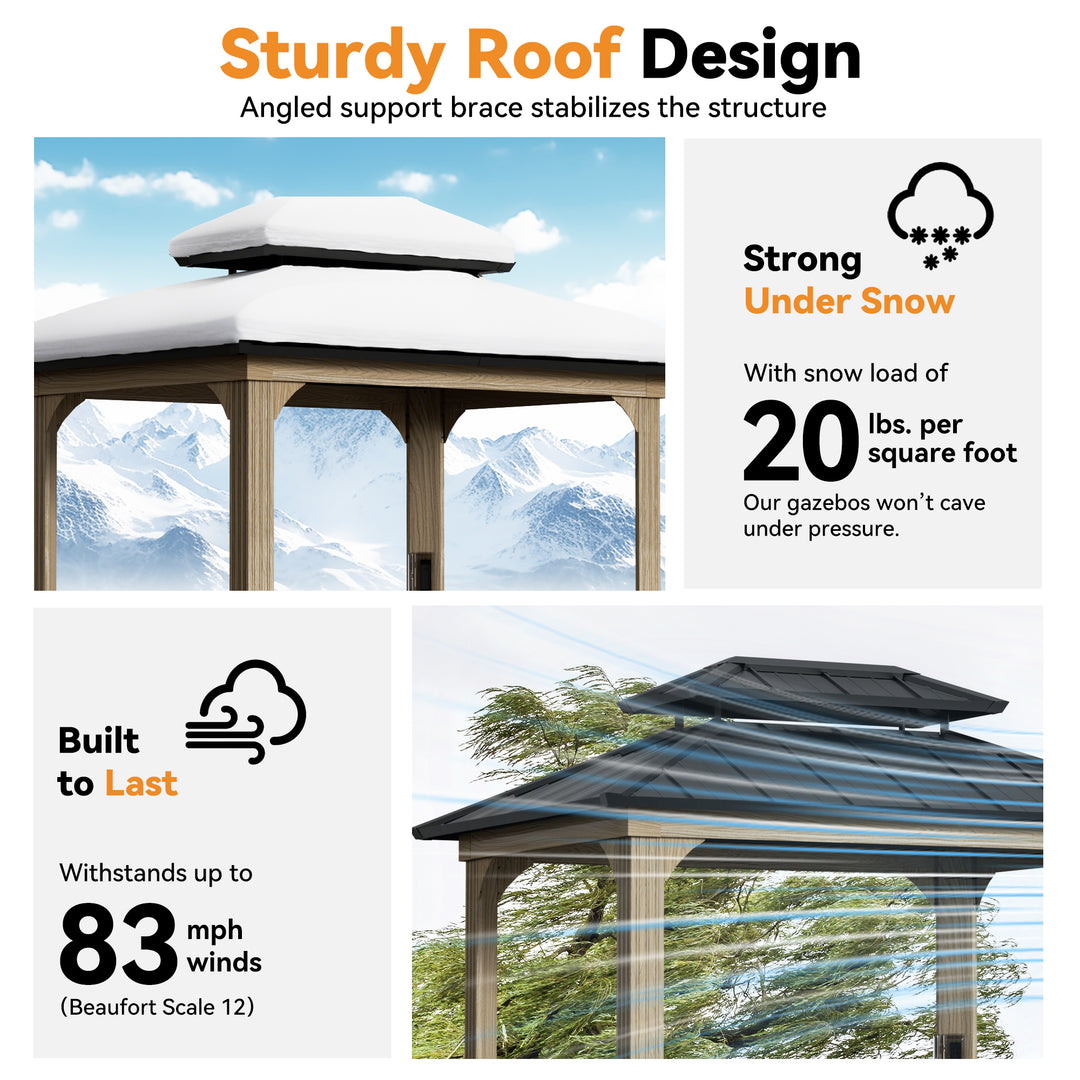 Modern Shade Grill Gazebo 6' X 8' Aluminum with Shelves Ceiling Hook and Galvanized Steel Roof for Wood Look Design