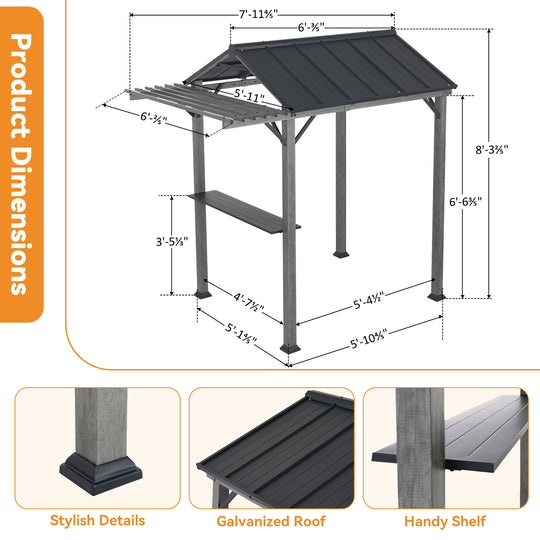 Modern Shade Nottingham Grill Gazebo 6' x 8' with Galvanized Steel Roof and Extended Eave, Outdoor Gazebo with UV Blocking & Waterproof Design, Rust-Resistant, 4-Season Use with Storage Cabinet for Patio