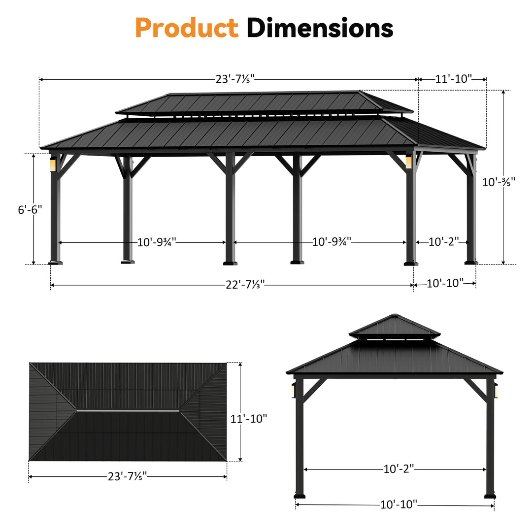 Modern Shade The Horizon Permanent Hardtop Gazebo 12' x 24' with 4 LED Lights, Outdoor Gazebo w/Galvanized Steel Double Roof, Patio Pavilion w/Decor Hooks, Mosquito Nettings, Black