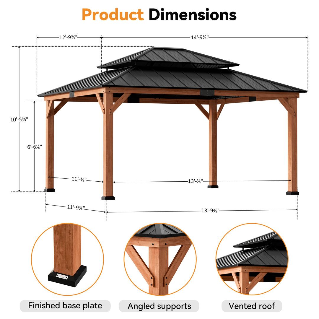 Modern Shade Rosewood Wood Gazebo 13' x 15', Cedar Framed Wooden Gazebo with Double Galvanized Steel Roof, Permanent Hardtop Wood Gazebo with Sturdy Hooks for Garden, Backyard, Patio, and Deck