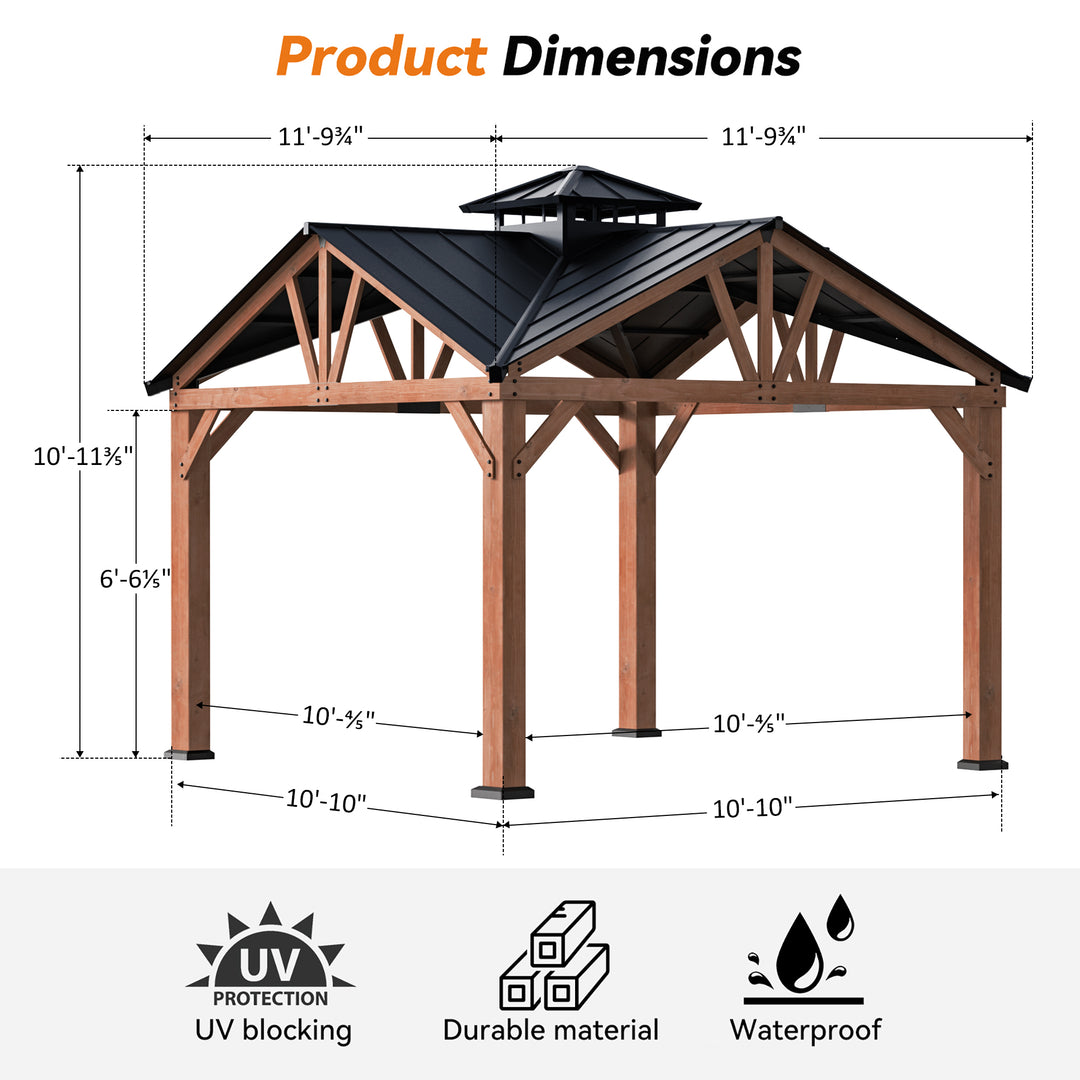 Modern Shade Cedar Wood 12’ x 12’ Gazebo with Sturdy Galvanized Steel Roof