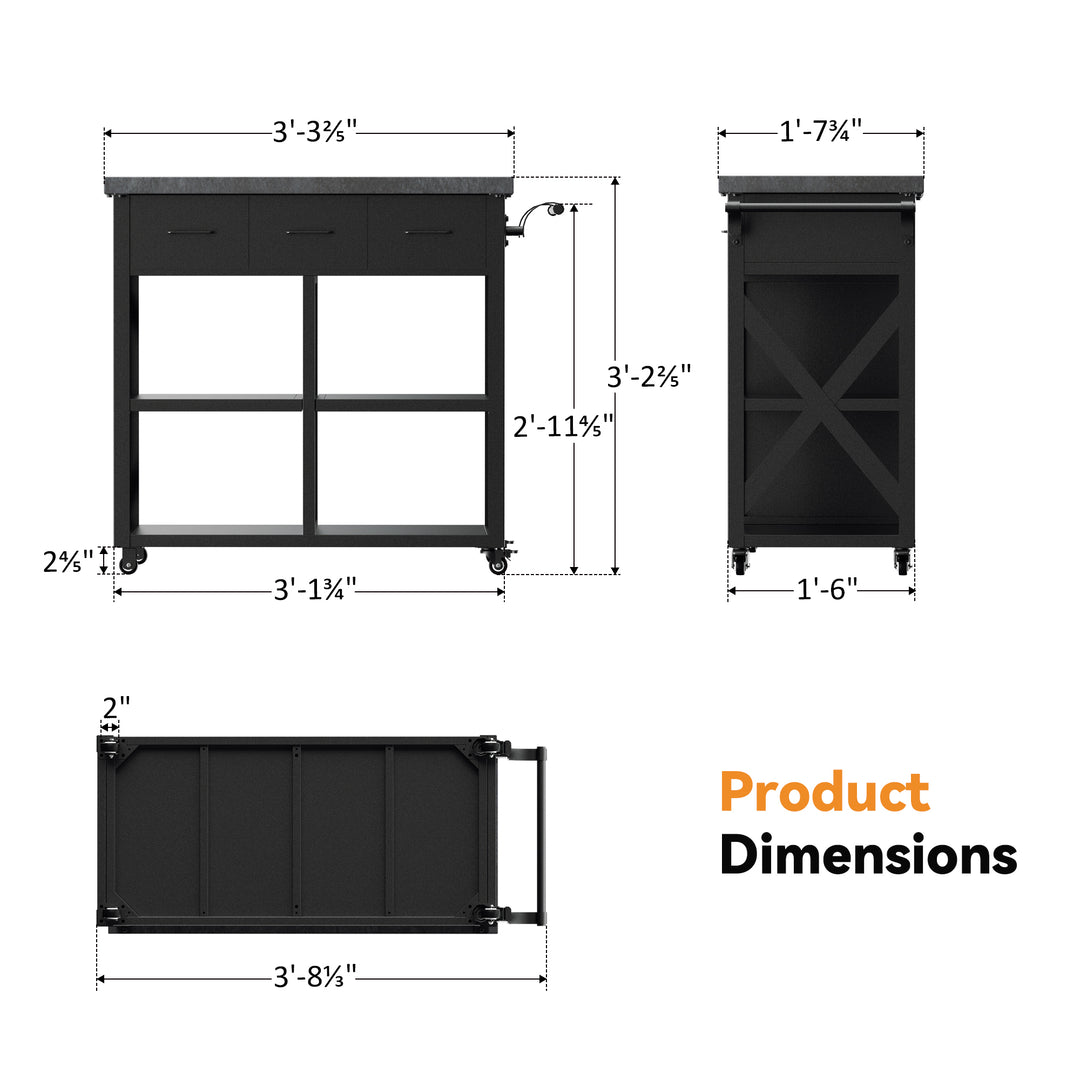 Modern Shade Outdoor Grill Cart with 150LBS Marble Countertop & 3-Drawers - 39 In W Heavy Duty Grill Table for Outside, Locking Casters, Waterproof Blackstone Table, Kitchen/Patio BBQ Cart