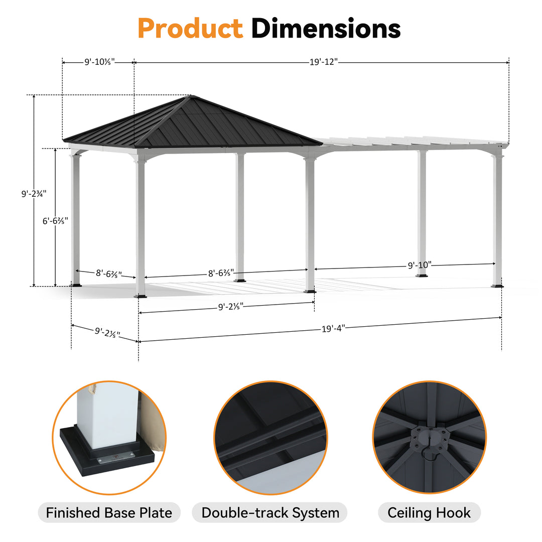 Modern Shade Sunrise Coast 10'x20' Pavilion Pergola Hybrid Gazebo with Adjustable Shade Fabric, Hardtop Roof with Privacy Curtains, Outdoor Hot Tub Pavilion for Patio or Garden, Black and White