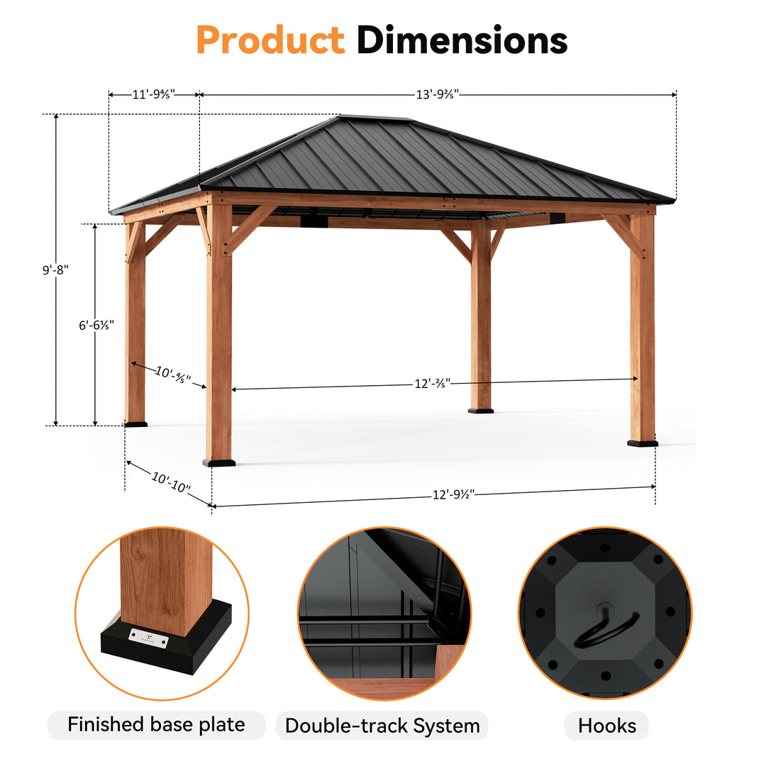 Modern Shade Tranquil Grove Wood Gazebo 12' x 14', Permanent Hardtop Gazebo with Galvanized Steel and Polycarbonate Hip Roof Hardtop, Cedar Framed Wooden Gazebo for Garden, Backyard