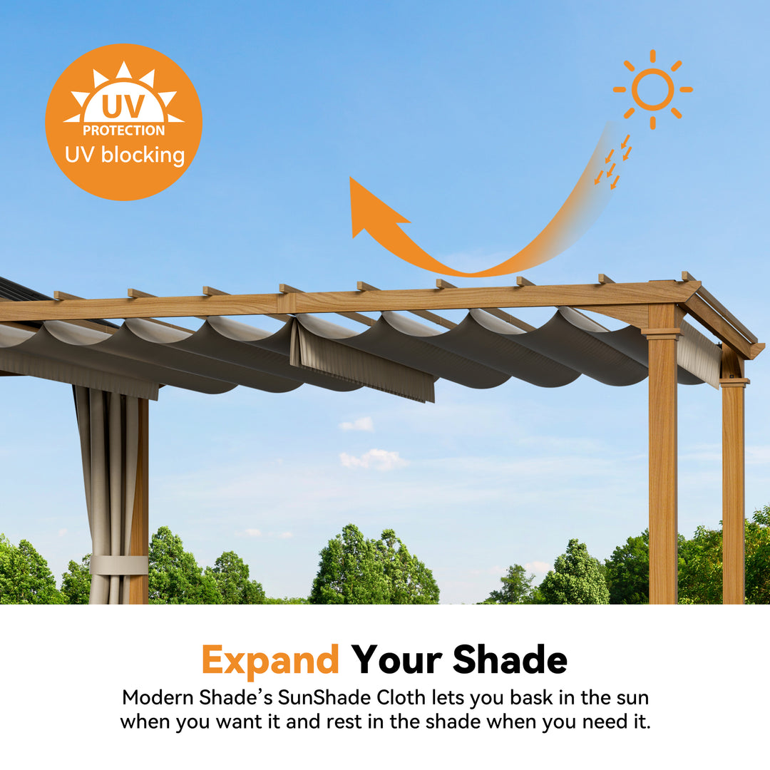 Modern Shade Sunrise Coast 10'x20' Pavilion Pergola Hybrid Gazebo with Adjustable Shade Fabric, Hardtop Roof with Privacy Curtains, Outdoor Hot Tub Pavilion for Patio or Garden,  Wood-Looking