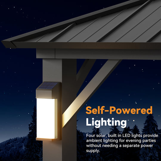 Modern Shade The Horizon Permanent Hardtop Gazebo 12' x 24' with 4 LED Lights, Outdoor Gazebo w/Galvanized Steel Double Roof, Patio Pavilion w/Decor Hooks, Mosquito Nettings, Black