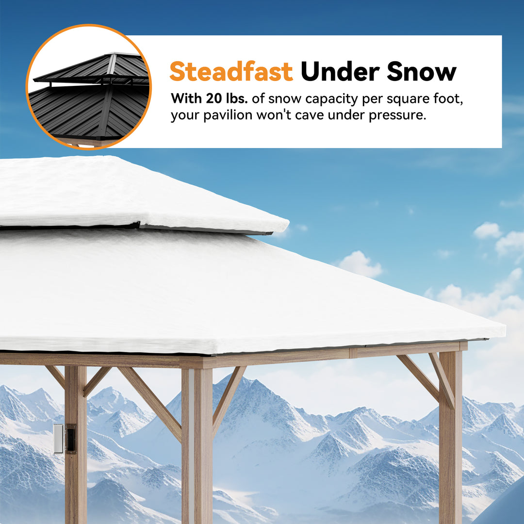 Modern Shade Hardtop Gazebo 12' x 20' with 6 LED Lights, Outdoor Gazebo with Galvanized Steel Double Roof，Pavilion with USB Charging Port Deck, Netting and Curtains for Patios, Wood-Looking