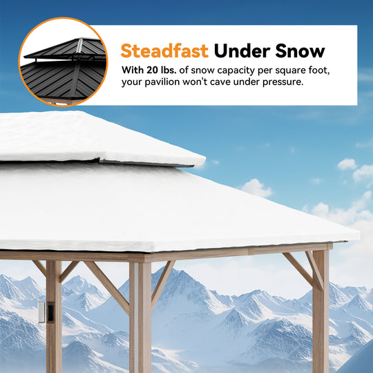 Modern Shade Hardtop Gazebo 12' x 20' with 6 LED Lights, Outdoor Gazebo with Galvanized Steel Double Roof，Pavilion with USB Charging Port Deck, Netting and Curtains for Patios, Wood-Looking