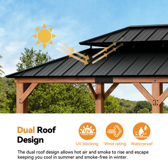 Modern Shade Rosewood Wood Gazebo 12' x 20', Cedar Framed Wooden Gazebo with Double Galvanized Steel Roof, Permanent Hardtop Wood Gazebo with Sturdy Hooks for Garden, Backyard, Patio, and Deck