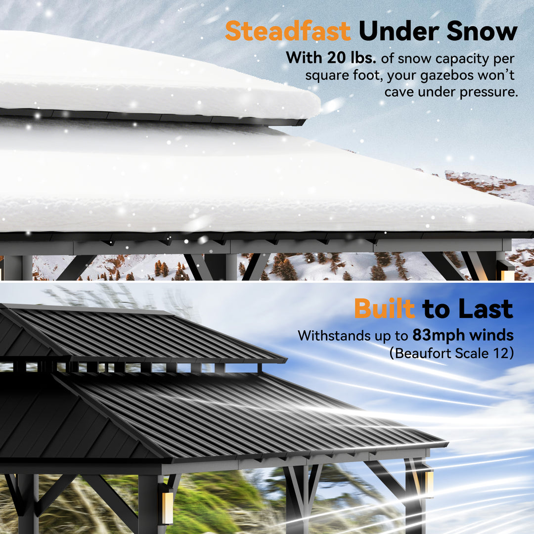 Modern Shade The Horizon Permanent Hardtop Gazebo 12' x 24' with 4 LED Lights, Outdoor Gazebo w/Galvanized Steel Double Roof, Patio Pavilion w/Decor Hooks, Mosquito Nettings, Black
