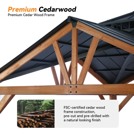 Modern Shade Cedar Wood 12’ x 12’ Gazebo with Sturdy Galvanized Steel Roof