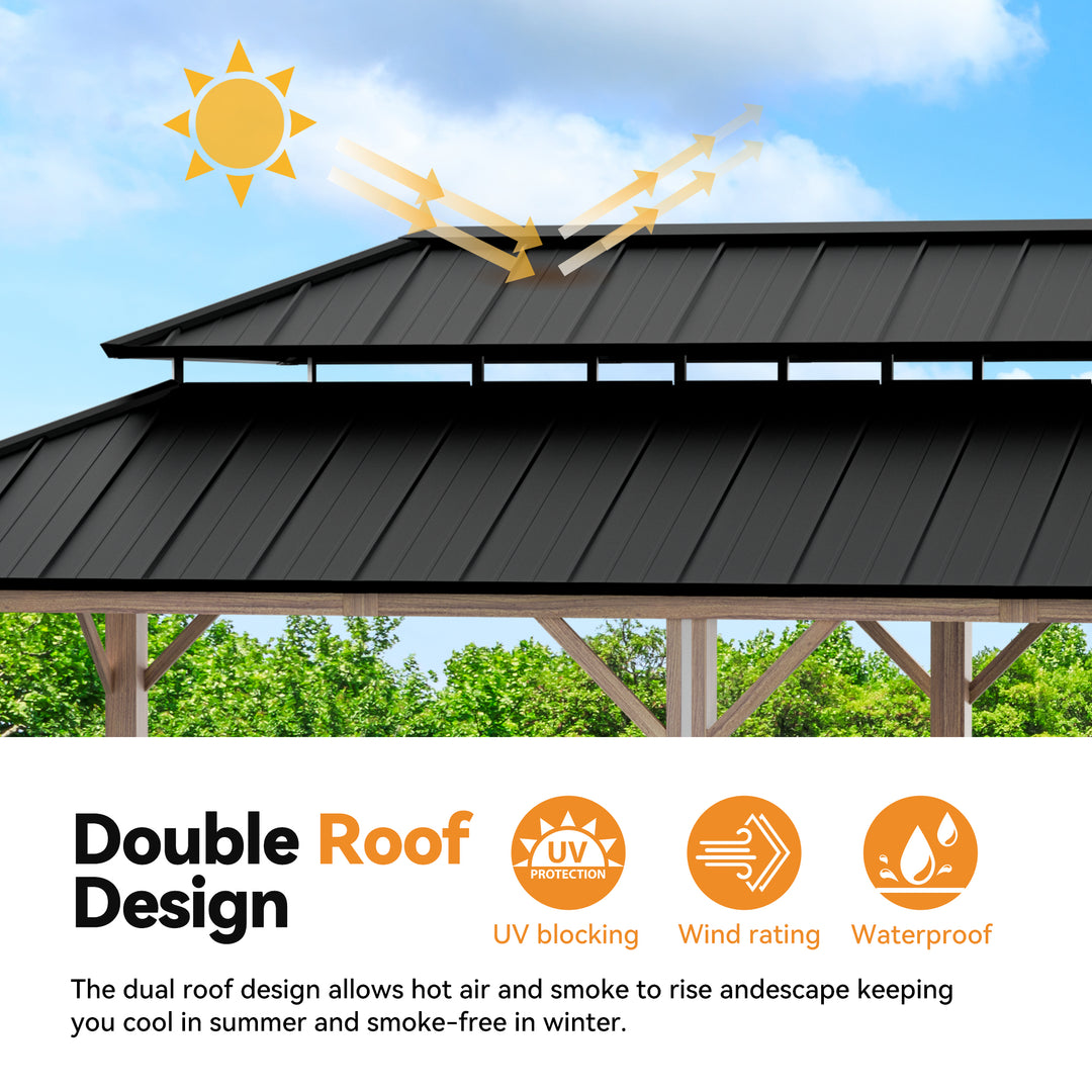 Modern Shade Hardtop Gazebo 12' x 20' with 6 LED Lights, Outdoor Gazebo with Galvanized Steel Double Roof，Pavilion with USB Charging Port Deck, Netting and Curtains for Patios, Wood-Looking