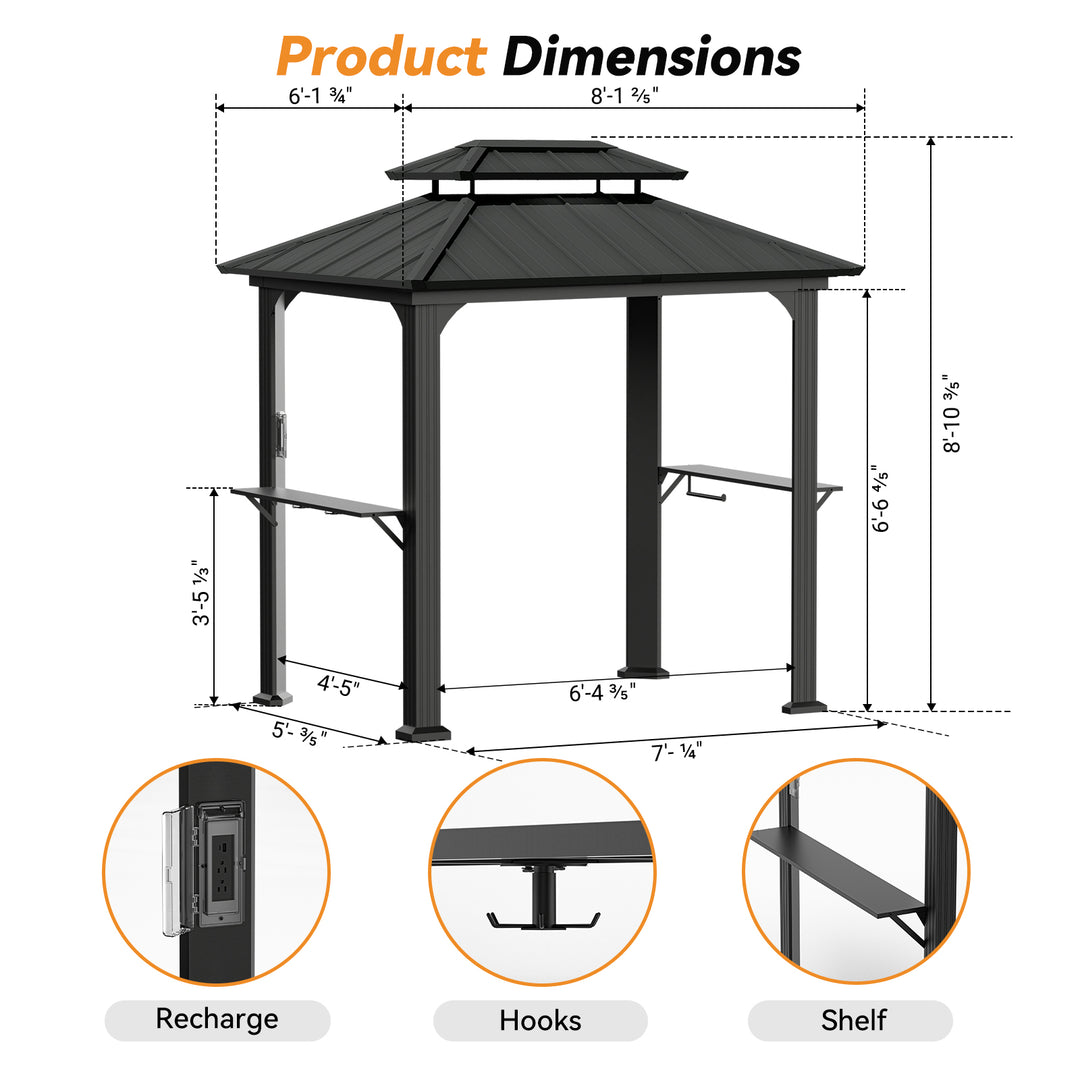 Modern Shade BBQ Gazebo 6' X 8' Black Aluminum with Shelves and Ceiling Hook