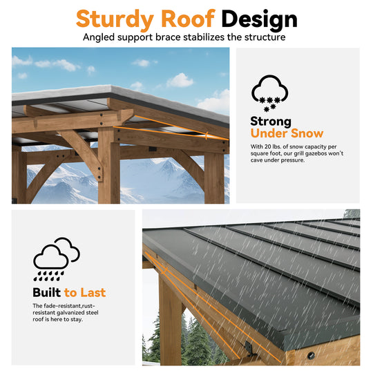 Modern Shade Cedar Wood Grill Gazebo 6' X 8' Patio Gazebo with Galvanized Steel Roof USB and USB-C Charging Ports